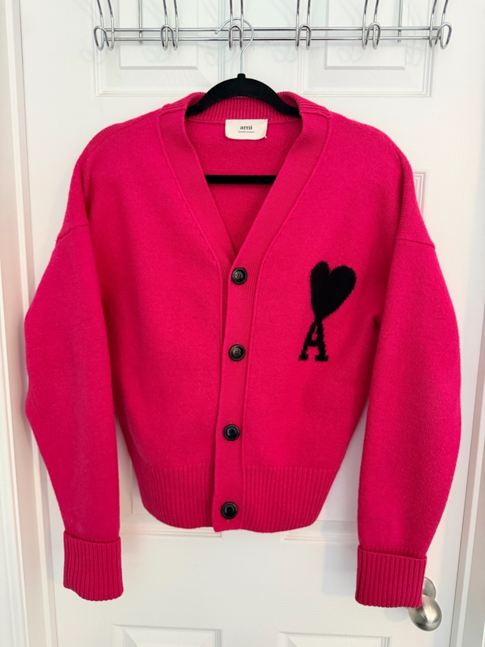 Ami Alexandre Mattiussi Kids Hot Pink Cardigan with Black Heart 'A'